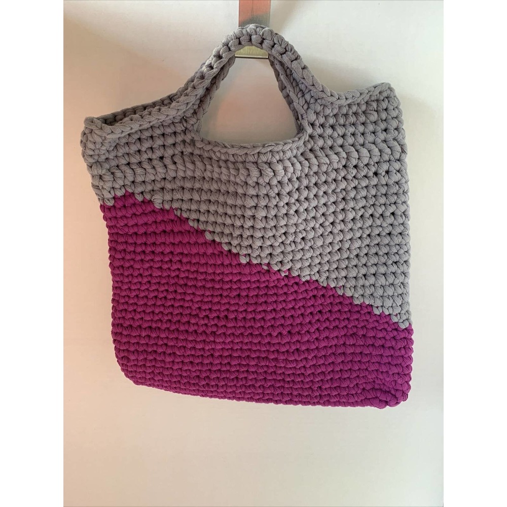 Hand Knit Lavender and Fuchsia Clutch Purse Square Shape Handmade 12” Vintage